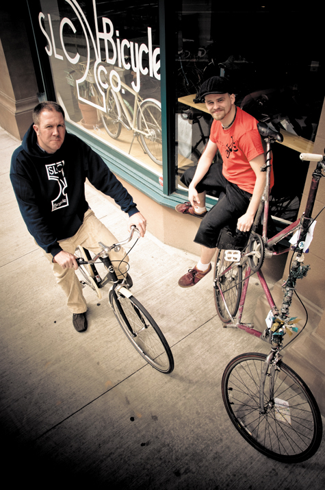 Brent Hulme (L) and Zed Bailey (R) hang out in front of SLC Bicycle Co.