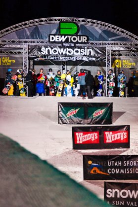 As seen on TV, the officially Dew Tour announcer calls out the riders names while the official NBC cameraman struggles to not slip down the pipe in his 1980’s snow boots.