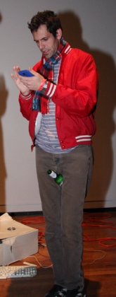 Eric Lopez “came for the free drinks” – notice the beer clasped between his thighs as he stands near My Generation. His party advice for kids today? “Don’t wear black.” Photo by John Barkiple :: SLUG Magazine