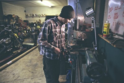 Larson’s garage is packed with custom-bike projects of his own design. Photo: johnnybetts.com