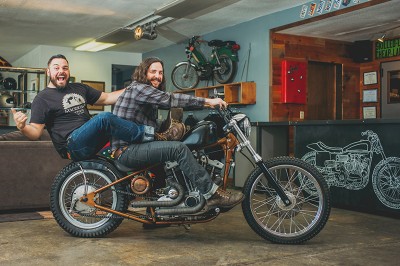 (L–R) Nik Garff and Davy Bartlett of Suicide Lane Cycles set up their custom motorcycle workshop in Salt Lake in 2014. Photo: @clancycoop