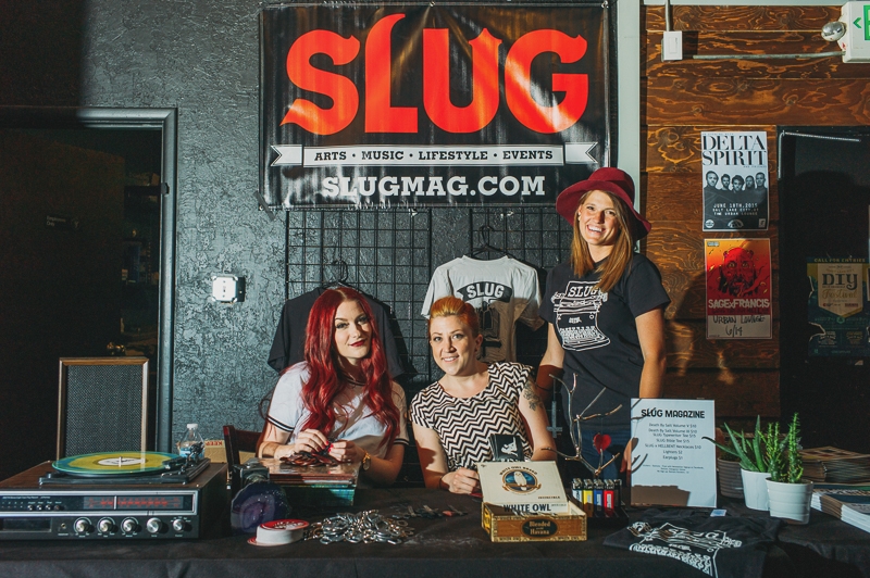 (L–R): Cassandra Loveless, Jess Schieving and McKenna Gunderson were at the merch booth, selling vinyl copies of Death by Salt V for a special release-party price of $10. Photo: Tyson Call