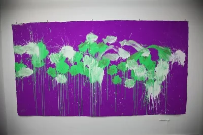 Purple and green Ushio Shinohara painting made with punches.
