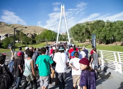 About 200 skaters hiked to the top of the bridge for the final Go Skate Day hill bomb.