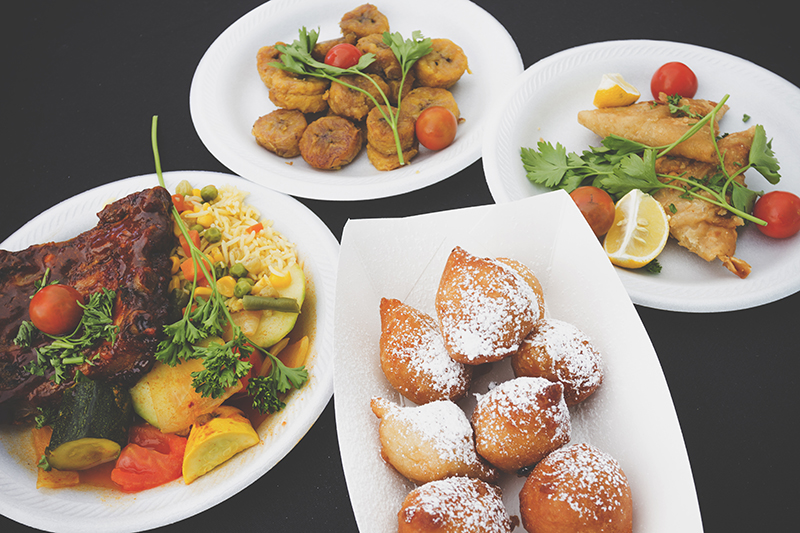 (L–R) Mama Africa’s Ribs, Fried Plantains, Samosas and Beignets. — Mama Africa.