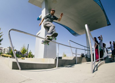 Isaiah Beh was the first to jump on the rail and landed a first try 50-50 and first try front board. Photo: Weston Colton