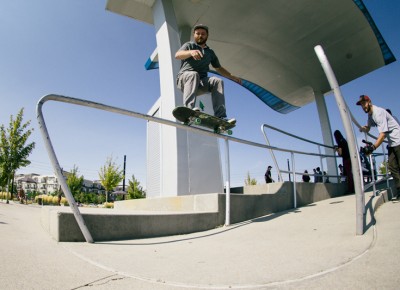 Isaiah Beh was the first to jump on the rail and landed a first try 50-50 and first try front board. Photo: Weston Colton