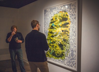 While one man’s nasal cavity basks in the richness of the Epic Brewery’s Imperial IPA, another man self reflects on the artwork I have unofficially retitled as “Hopman” by Firelei Báez. Photo: Talyn Sherer
