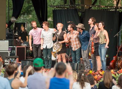 Gregory Alan Isakov (with hat) takes a bow with his bandmates after a performance in front of a substantial fan presence at the Lake Street Dive show. Several enthusiastic concertgoers described their years-long devotion to Isakov. Photo: John Barkiple