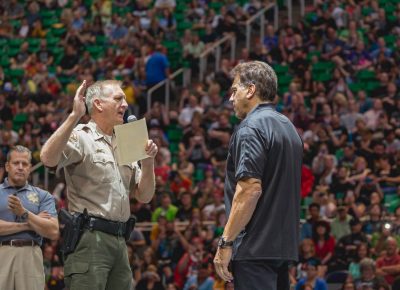 The HULK! Lou Ferrigno being sworn in as an honorary Salt Lake City deputy during the Salt Lake Comic Con Press Conference at the Vivint Smart Home Arena. Photo: @Lmsorenson