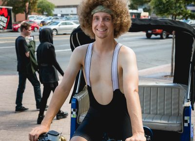 Daniel McCormick of SLC Bike Taxi rocking the Richard Simmons cosplay at Salt Lake Comic Con. Photo: @Lmsorenson