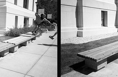 Tully Flynn, backside 50-50 to Tully grind on a bench-to-bench spot.