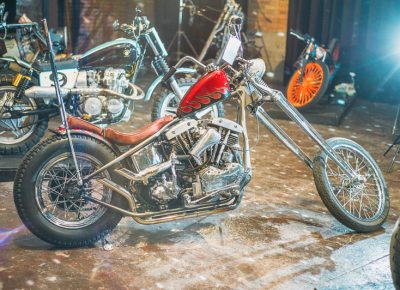 A 1983 stroker 69' Shovel Head in a 48' Pan Head frame built by Max Woolsey of Filthy Builds complete with a bayonet integrated into the sissy bar. Photo: @clancycoop