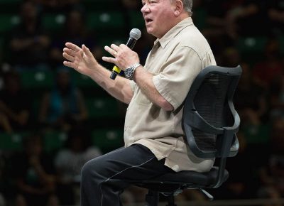 William Shatner, Captain Kirk himself, talking to audience members about science fiction and mythology during his Q&A at the Vivint Smart Home Arena. Photo: @Lmsorenson