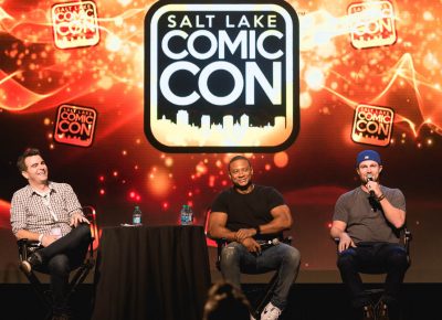 SLUG movie review writer Geek Show podcast host Jimmy Martin moderates David Ramsey and Stephen Amell from TV's The Arrow. Photo: @Lmsorenson