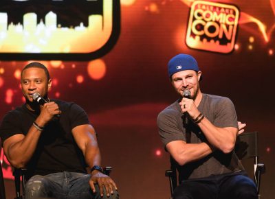 David Ramsey and Stephen Amell from TV's The Arrow during their panel at Salt Lake Comic Con. Photo: @Lmsorenson