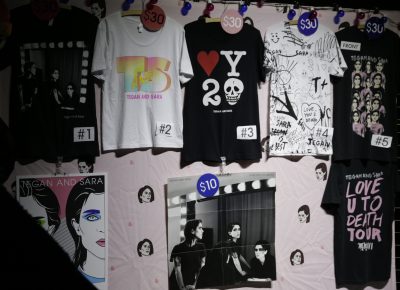 Tegan and Sara tour merchandise for sale at In The Venue. Photo: @Lmsorenson