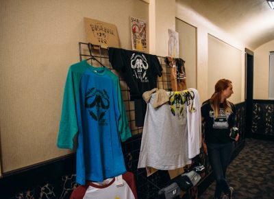 Jared Smith presents handprinted After Dark merchandise, available for sale at the screening. Photo: Niels Jensen