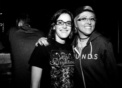 Jess and Courtney are excited for The Sounds to come on. Photo: Gilbert Cisneros