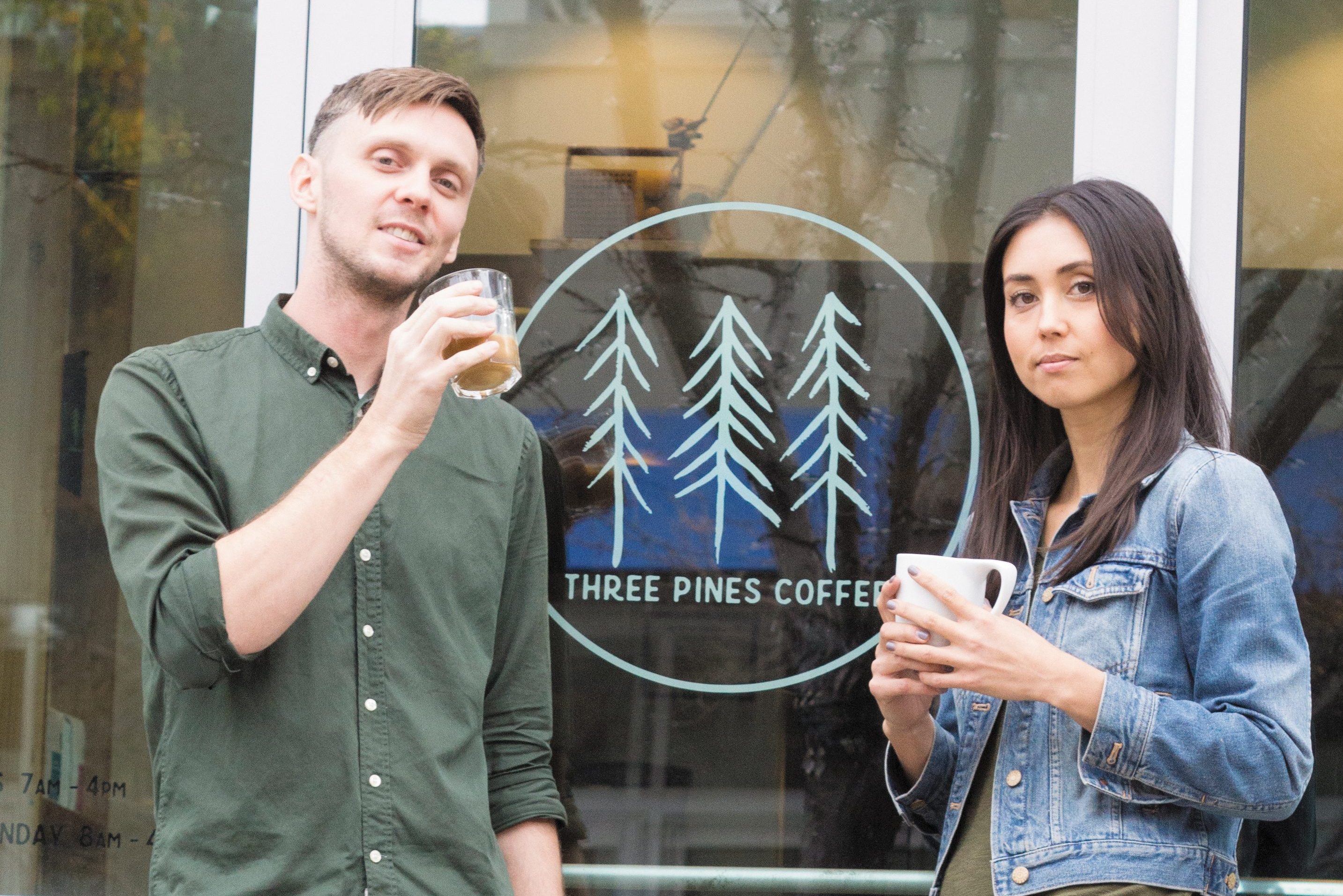 (L–R) Nick Price and Meg Frampton brew coffee and espresso with adroit attention to each scientific detail at Three Pines Coffee.