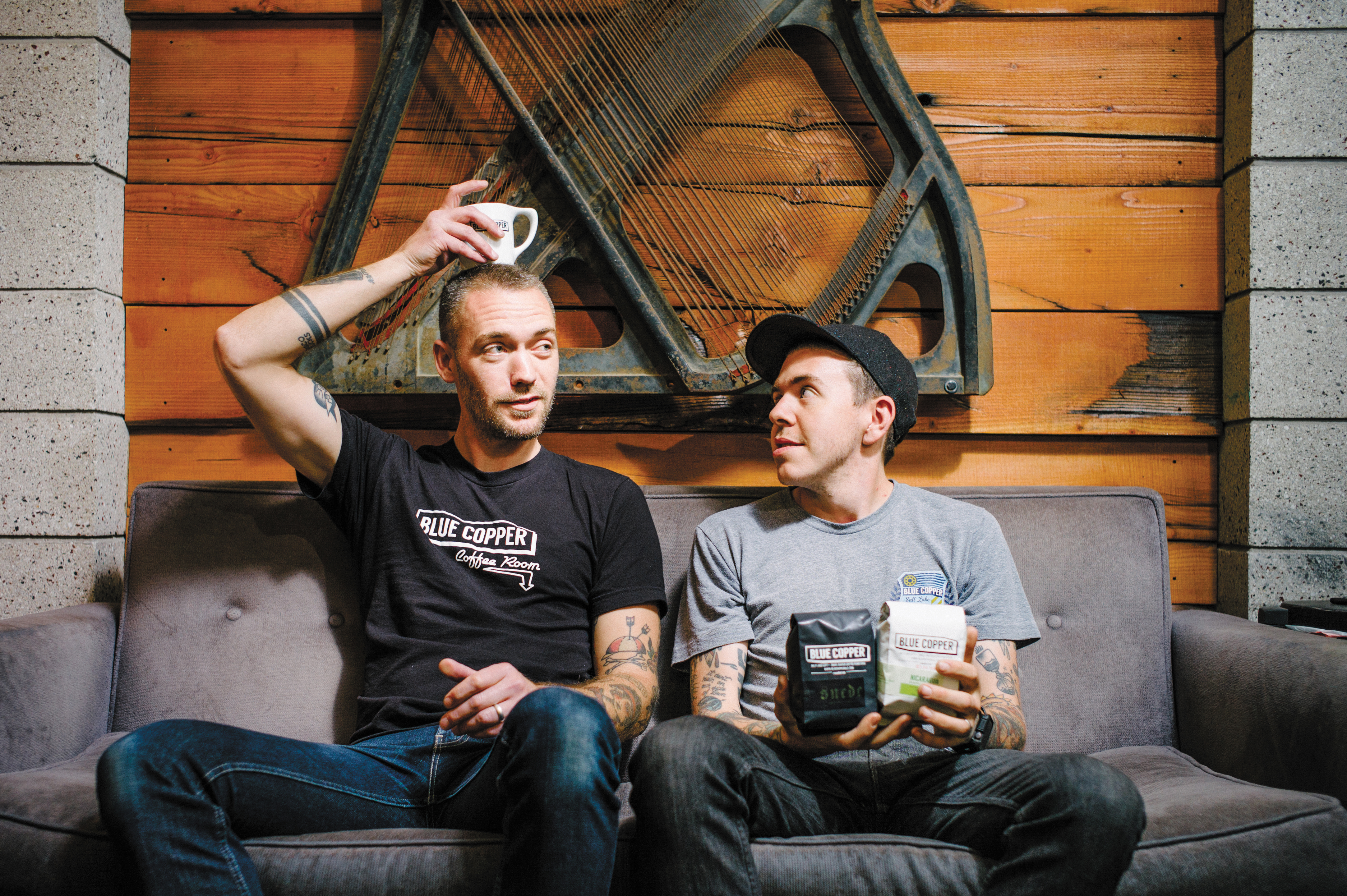 (L–R) Manager WIlliam Lapthorne and Roaster Patrick Andrews have solidified their proprietary roasts as the sole coffees offered at Blue Copper Coffee Room.