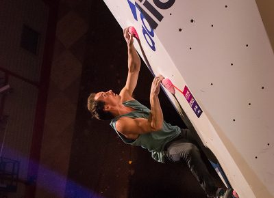 Carlo Traversi gets in position to make the last move on the third and final problem. Photo: ColtonMarsalaPhotography.com