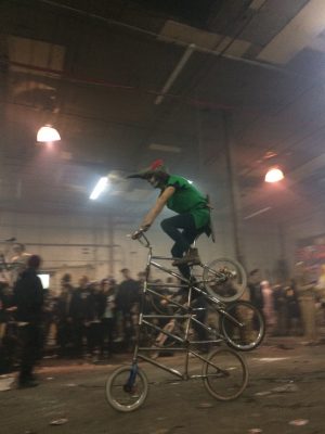 Bike Kill 2016. Bushwick, Brooklyn, New York. This quadruple tall bike was one of the many ingenious and freaky bicycles at the Halloween event. Photo courtesy of Erika Longino.