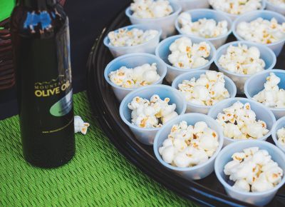 Mountain Town Olive Oil showed us the perfect use of their signature house olive oil, spread over stove-popped popcorn. Photo: Talyn Sherer