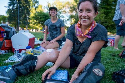 Becky Hedrick uses the first aid kit to cover a battle wound. Photo: Jo Savage // @SavageDangerWolf