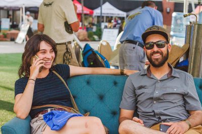 (L–R) Hellen Finch and Nic Hummel chill on the sofas with their SaltFire Brewing swag. Photo: Talyn Sherer