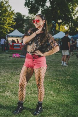 Ella Johnson in fishnets and great colorful glasses. Photo: @clancycoop