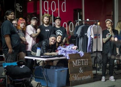 The Meth & Macaroni pop-up crew staked out the sidewalk in front of Gold Blood’s 1526 State Street location. Photo: John Barkiple