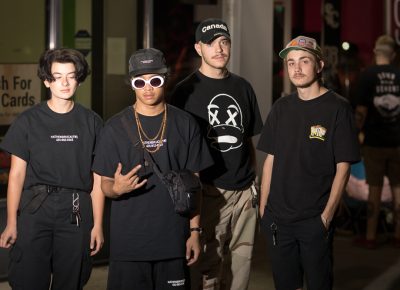 (L–R) Gloria, Pierre, Roh and Rhetro arrived in black-clad street style repping 9th & 9th’s Hathenbruck, Caleb Flowers and Brynne Perry’s careful edit of “globally recognized apparel, footwear & accessories.” Photo: John Barkiple
