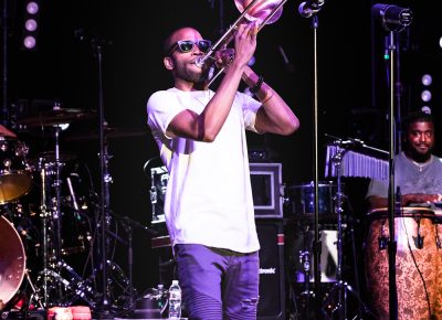 Trombone Shorty playing his signature instrument at Red Butte Amphitheatre. Photo: Lmsorenson.net