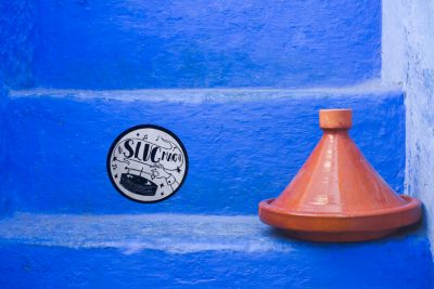 A SLUG sticker finds a new home next to a Moroccan tagine in the city of Chefchaouen, Morocco. Photo: Talyn Sherer