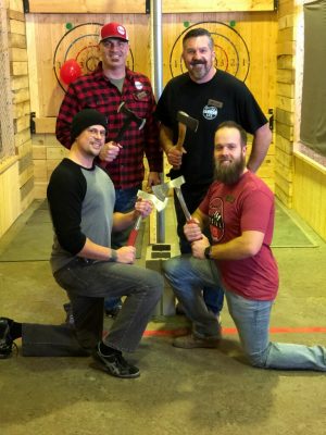 Ben with the three founders of Social Axe Throwing, Steve Lister, Mark Floyd and Brayden Floyd.