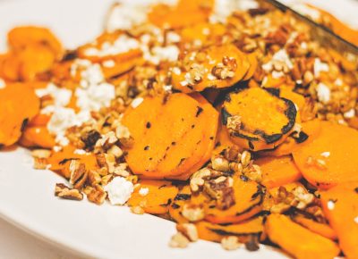 Cuisine Unlimited provided us with some charred sweet potato rounds topped with feta, pecans and puffed farro. Photo: Talyn Sherer