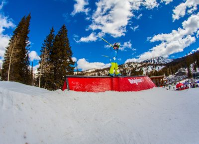Greyson Hawkins, ski slide across and down. Photo: CJ Anderson