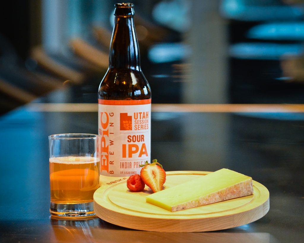 English import, Keen's clothbound cheddar, is paired with the sour IPA from Epic Brewing. Matching acidity with acidity, this pairing utilizes similar flavor characteristics and the floral notes of the cheese heighten the citrusy brightness of the beer.