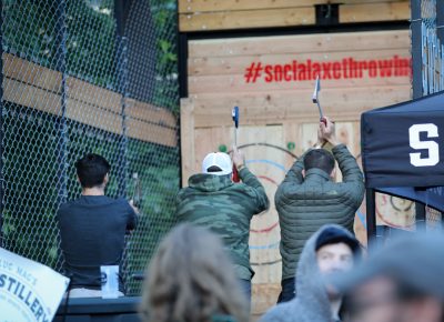 Etiquette is crucial to throwing axes withBeer and axes—#socialaxethrowing—say no more. Photo: John Barkiple grace and aplomb. Photo: John Barkiple