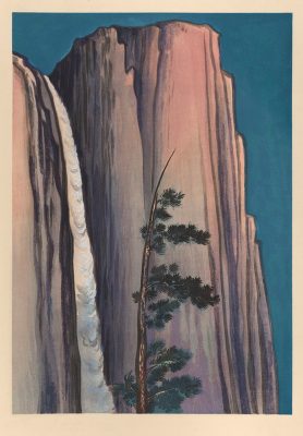 Chiura Obata (American, b. Japan, 1885–1975), Evening Glow at Yosemite Waterfall, Yosemite National Park, California, no. 23 of the World Landscape Series, 1930, color woodcut, 15 11/16 x 11 in., Achenbach Foundation for Graphic Arts, 1963.30.3126.23.