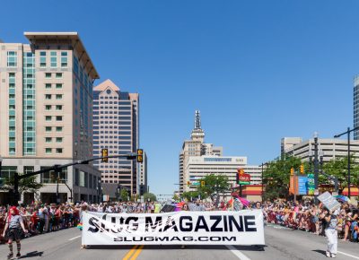 SLC Pride parade makes its way down 200 South , SLUG Magazine crew marching the whole way. Photo: Logan Sorenson | Lmsorenson.net