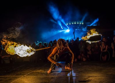 Fire spinners dance during Zhu.