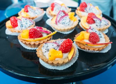 A fruit tart from 3 Cups with dragonfruit, papaya, mango, raspberry and a vegan cream filling. They also had three flavors of sorbet on hand, serving generous portions, including lemon basil with marzipan. Photo: @clancycoop