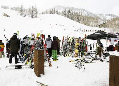 Tons of snowboards lined up during the SLUG Games.