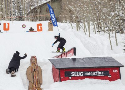 First place in Men’s Open Snowboarding Bryan Watson with a stylish front nose press on