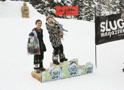 1st place Scarlett Park and 2nd place Jaida Davis are excited about winning the women's 17 and under snowboard.