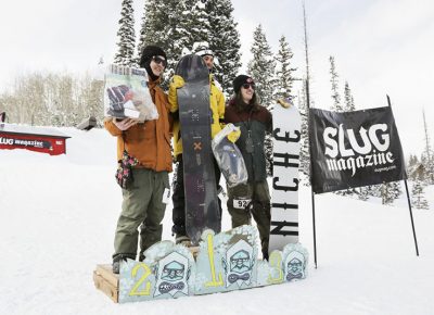 Winners of the Men's open snow smile for the cameras. 1st place Bryan Watson, 2nd place Paxon Alexander, and 3rd place Evan Thomas.
