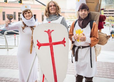 Harold, Roxanne and Frank from HRW Creations donning a hilarious and impressive Monty Python's Holy Grail trio. Photo: @Lmsorenson