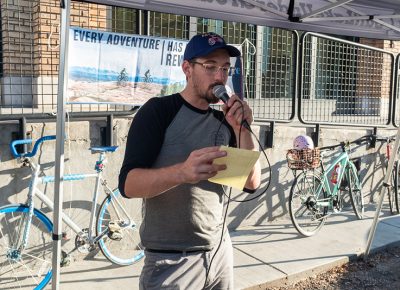 SLUG Magazine’s Event Coordinator, John Platt, announces the winners of the 2019 SLUG Cat. The race was sponsored by Blue Copper Coffee, Fishers Cyclery, Graywhale, SLC Bike Share, Mountain West Hard Cider, New Belgium Brewing, Pig & a Jelly Jar, Proper Brewing Co. and Saturday Cycles. Photo: John Barkiple